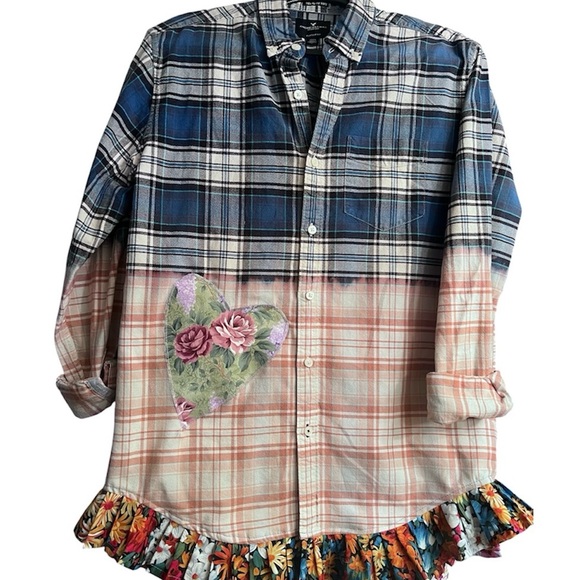 Wild Romance Upcycled Plaid Shacket – Floral Hearts & Boho Ruffle – Size M - Picture 2 of 2
